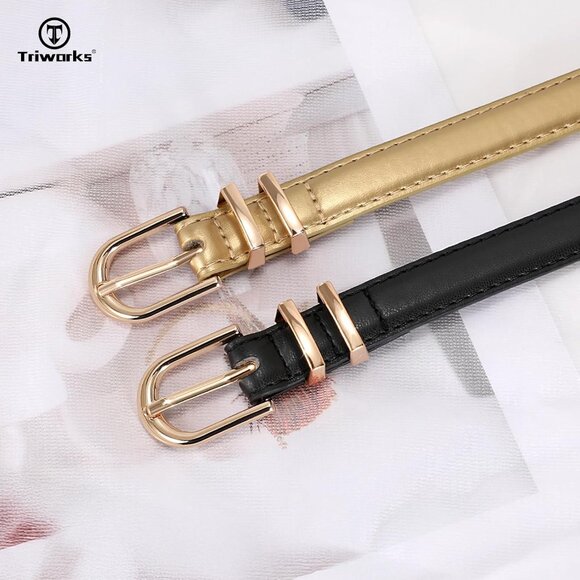 2 Pack Women\'s Skinny Leather Belts Black Gold Thin Faux with Gold Buckle